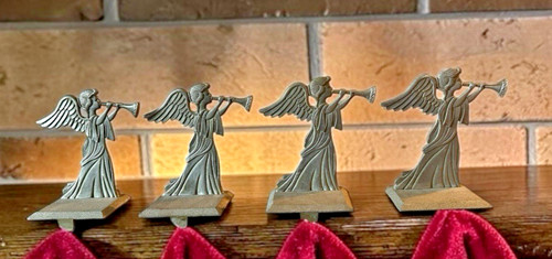 Vintage 4 Pewter Stocking Holders Angel Blowing Horn /Trumpet Christmas Holiday