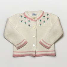 Vtg 60s Worth Bros Orlon Toddler Cardigan 2T White Knit Pink Rosebuds RN 5770