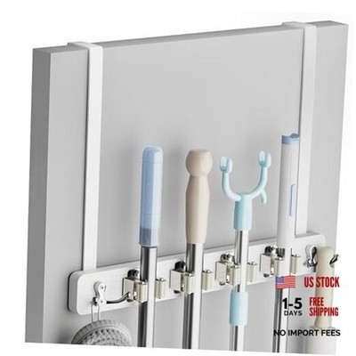 Broom Holder Door Mount, Over the Door Broom and Mop Holder with 2 Over White