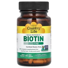 Country Life Biotin High Potency 5 mg 60 Vegan Caps Gluten-Free, GMP Quality