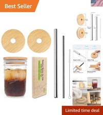 2-Pack Bamboo Mason Jars with Straw Holes & Eco-Friendly Stainless Steel Straws