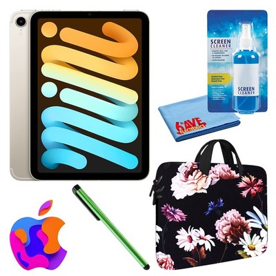 Apple iPad Mini 6 (64GB, Cellular, Starlight) Bundle with Black Floral Sleeve