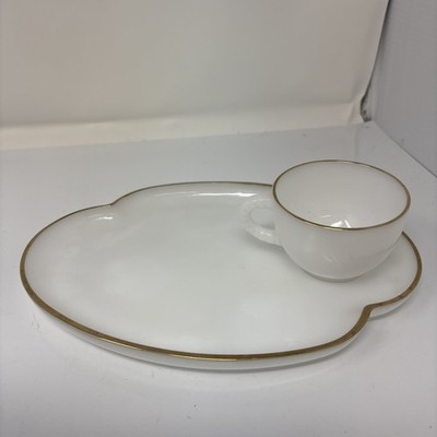 Anchor Hocking 22K Gold Trimmed Milk Glass Snack Set Cup & Tray