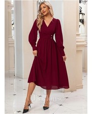JJ's House Burgundy NWT A-line Midi Peasant Sleeve Dress SizeSmall Bridesmaid
