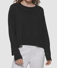 DKNY Womens Black Stud Embellished Crewneck Long Sleeve Sweater, Size XL