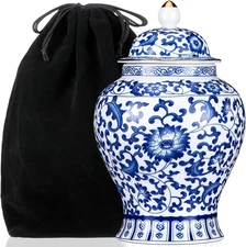 Small Blue Ceramic Cremation Urn for Adult Ashes Exotic Blue and White Porcelain