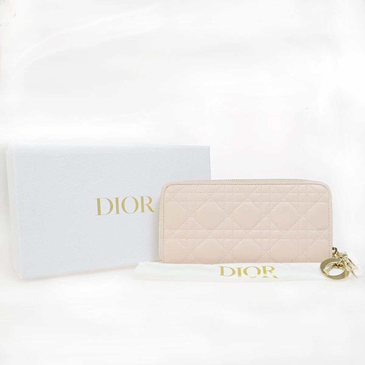 CHRISTIAN DIOR Logo Cannage Fermeture Éclair Autour Long Portefeuille Cuir Rose GHW 80EB919