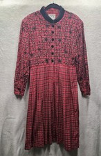 Vintage Dress Womens 10 Red Plaid Embroidered Cottagecore Countryside Edwardian 