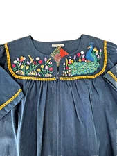Go Softly Embroidered Peacock Denim Short Sleeve Zip Front Patio Dress 2X