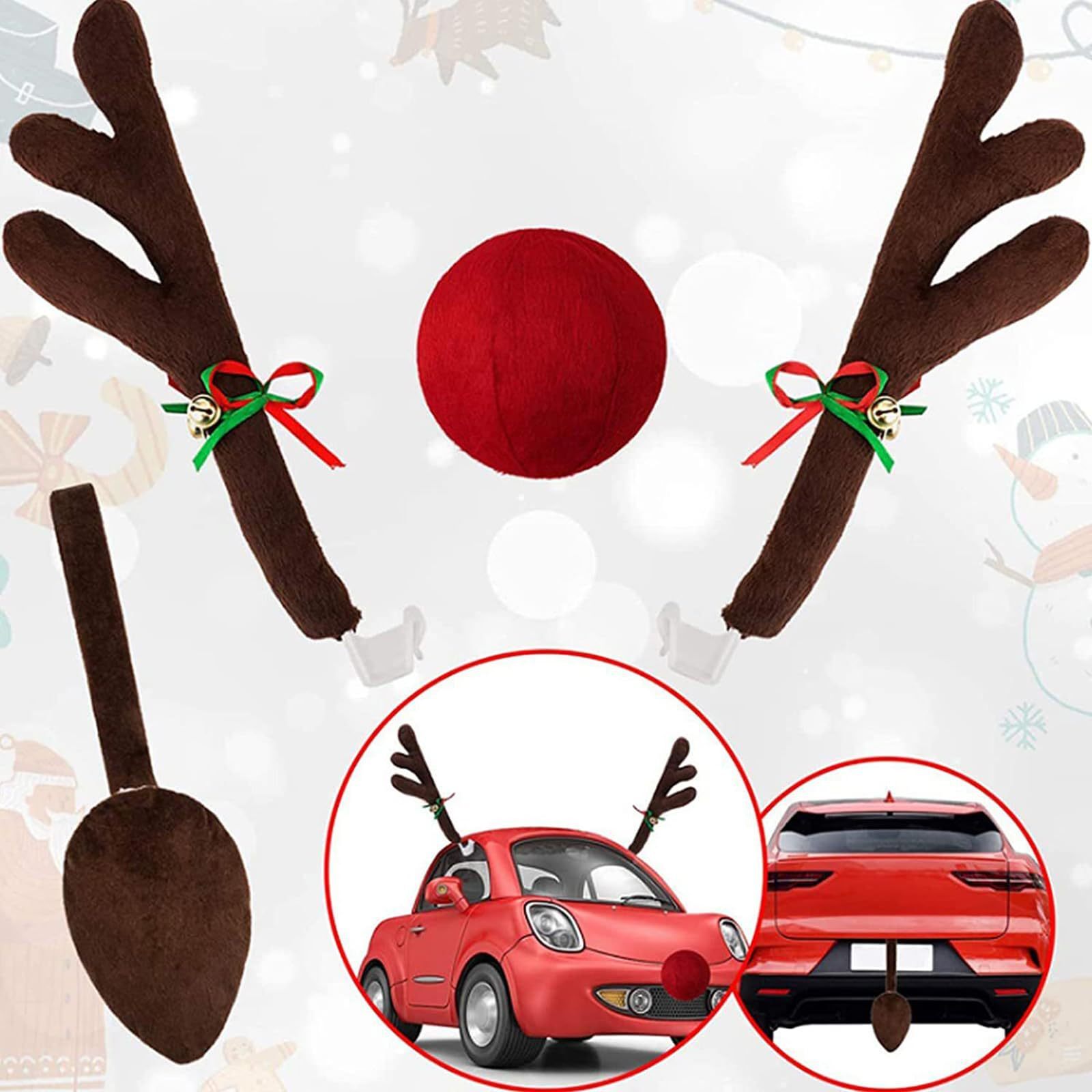 Car Reindeer Antler and Nose Christmas Holiday Jingle Bell Costume Decor Set