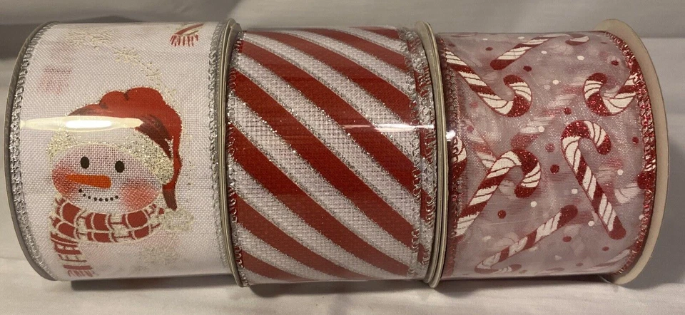 LOT - 3 New Christmas Ribbon Snowman, Candy Cane, Red Silver Stripes 2.5" X 10YD - Image 2 of 4