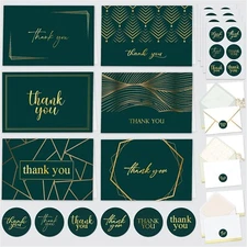 Thank You Cards with Envelopes & Stickers, Gold-Foiled Cards - 24 Green