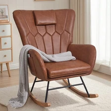 Leather/Wool Rocking Chair Upholstered Single Sofa w/Pocket Armchair Padded Seat