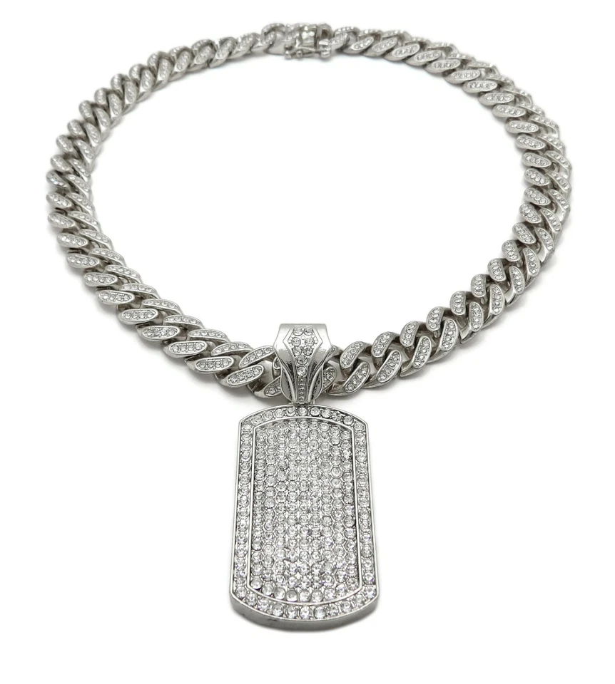 New Ice Bling Dog Tag Pendant with 12mm 20" Box Lock Miami Cuban Link Chain Foto 2 de 4