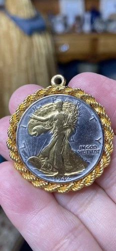 Gold Plated Half Dollar Pendant 1942 Lady Liberty Coins Vintage