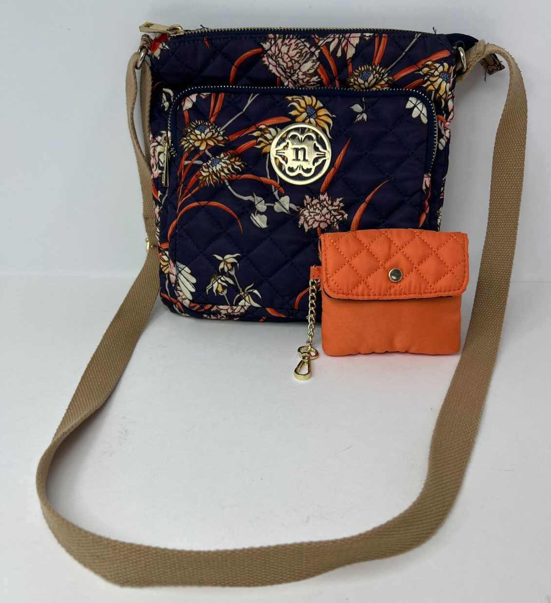 Nanette Lepore Navy Floral Quilted Crossbody Handbag with Change Purse