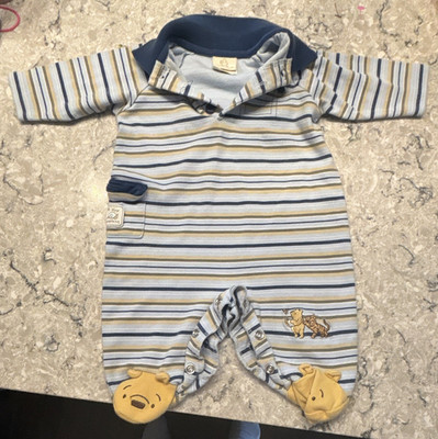 Vintage Classic Pooh 3M Footed Long Sleeve Snap Coverall Striped Cotton Pooh