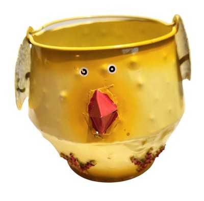 Vintage Tin Chick Easter Bucket   Yellow Metal Baby Chicken Pail with Handle