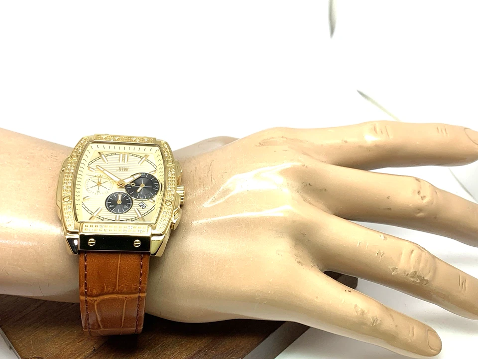 Мужские кварцевые часы-хронограф JBW J6379D с бриллиантами золотой циферблат коричневый кожаный ремешок - Изображение 3 из 4