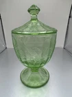 Jeanette Poinsettia Green Depression Uranium Glass Candy Dish 6.5”