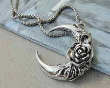 Crescent Moon Flower Necklace, Gothic Jewelry, Floral Moon Pendant