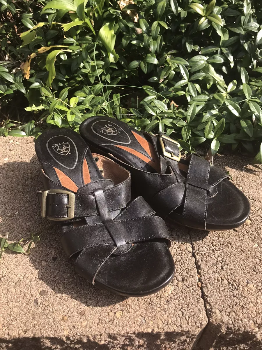 Ariat Black Leather Cork Wedge Sandals Buckle Western Euc 6.5 M Cowboy