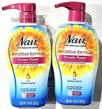 2 Pack Nair Hair Remover Cream Sensitive Formula Shower Power Sunflower Seed Oil