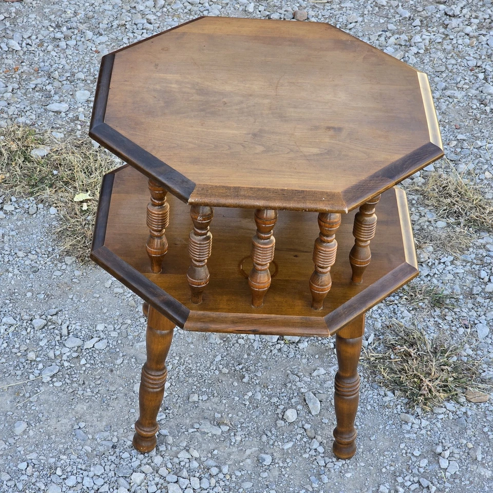 Vintage Mid Century Antiqued Pine Two-Tier Octogonal Side Table - Image 3 of 4