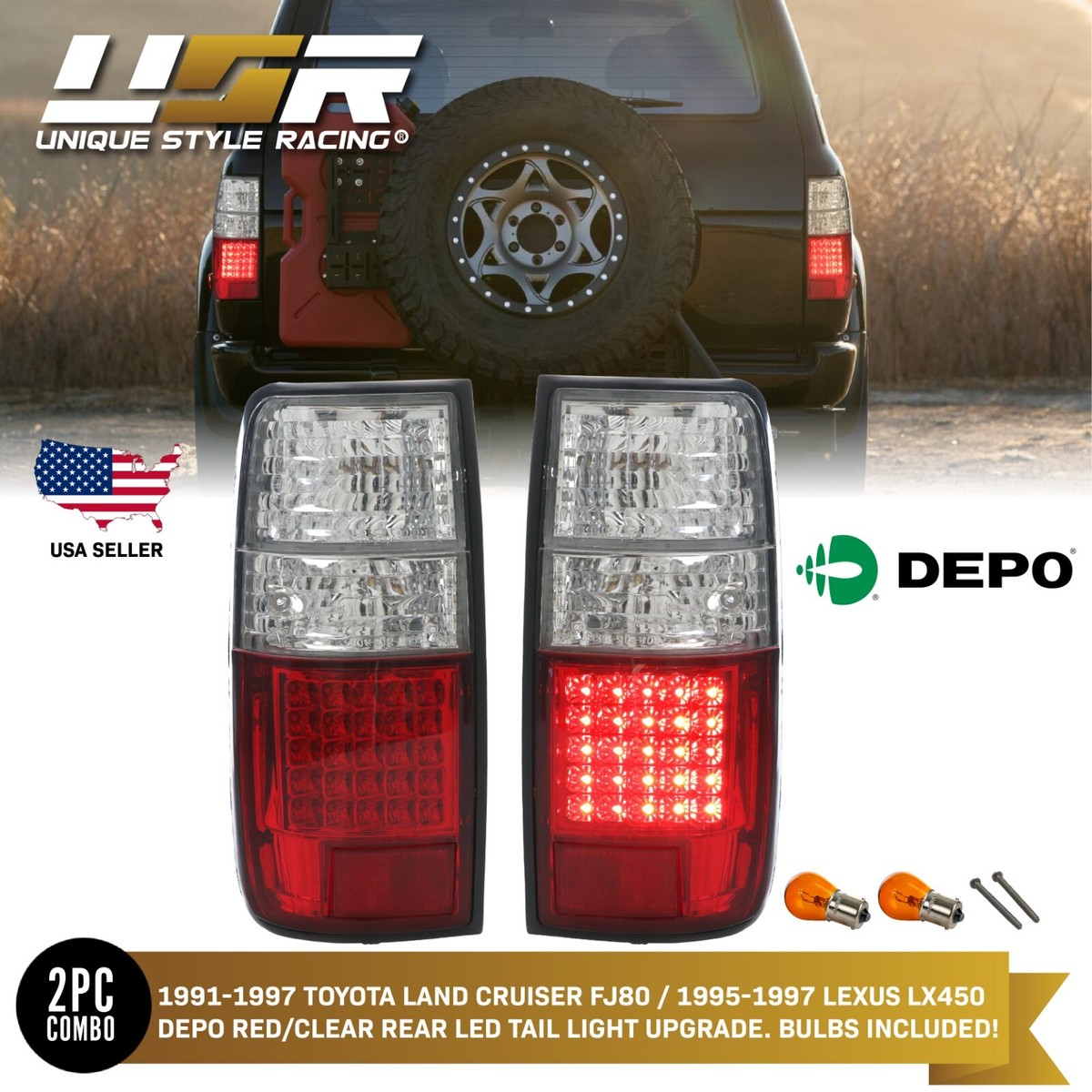 USA DEPO Red/Clear LED Tail Light For 91-97 Toyota Land Cruiser