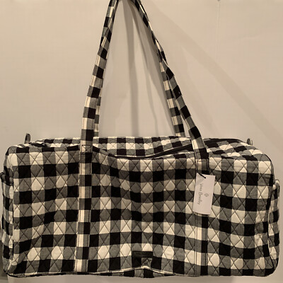 Vera Bradley Black Pearl Duffel Check Pattern Black White Quilted
