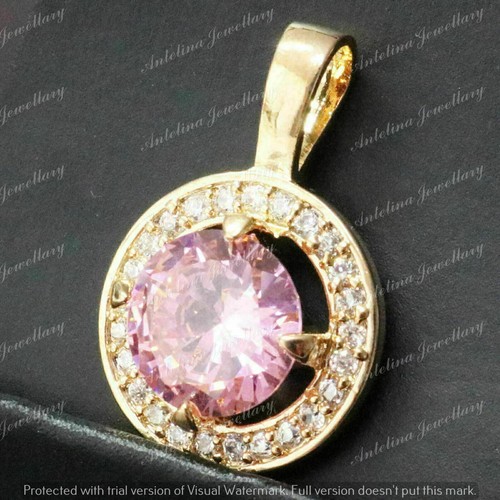3.10 Ct Round Pink Sapphire & Diamond Halo Pendant Chain 14K Yellow Gold Finish - Picture 6 of 8