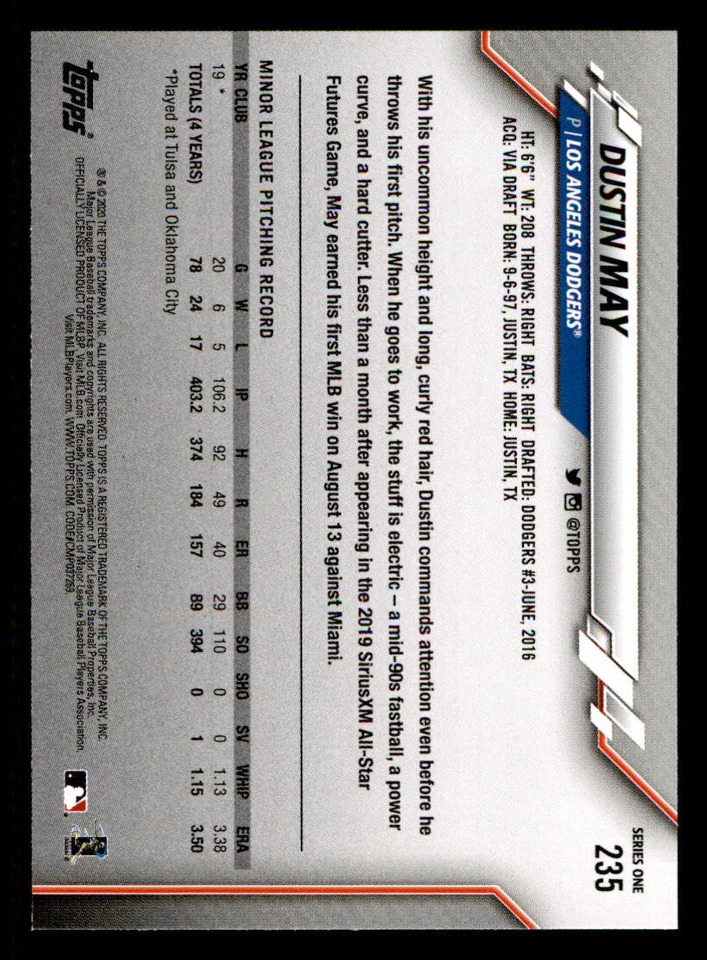 2020 Topps #235 Dustin May RC - Image 2 of 2