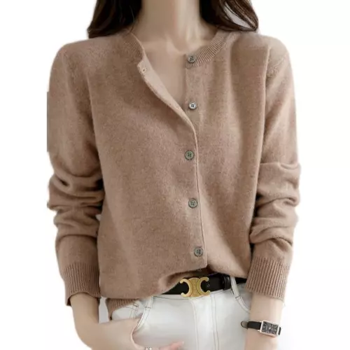 Cárdigan suéter simple de mezcla de cachemir para mujer color liso cuello redondo chaqueta abrigo - Imagen 13 de 37