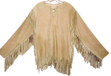 Mens Western Cowboy Beige Suede Leather Mountain Man Fringes War Shirt MS-139