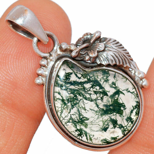 Pendentif En Quartz Lodolite (agate Mousse) Verte - Argent 925, Fait Main, 3 Pouces, Neuf