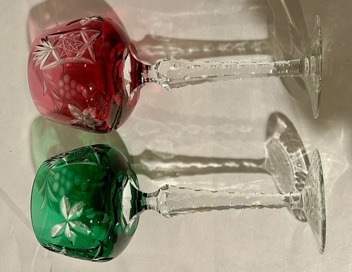 Two Bohemian Crystal Hock Wine Glass Set Cranberry Red Emerald Green, 8” - Picture 5 of 10