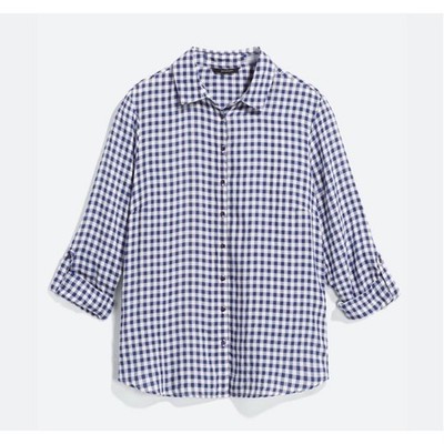 Paradigma Stitch Fix Yukiah Gingham Button Down Roll Tab Shirt Navy White L GUC