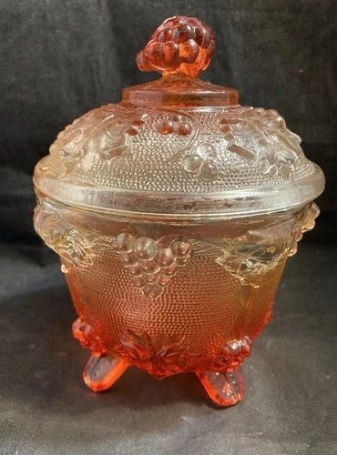 Vintage Jeannette Amberina Footed Lidded Candy Dish Cadmium UV Reactive