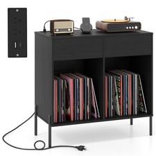 Record Player Storage Stand - Customizable Vinyl Compartments, Built-in Charging