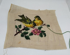 Antique Handmade Needlepoint Canvas with BIRDS Yellow Bird Couple on Rose Branch