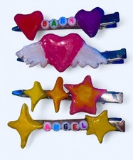 Multicolor Hair Clips Set Heart, Star, Angel Designs, Beaded Accents