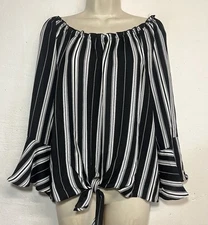 NWT Fortune Ivy Large Blouse Black White Stripe Tie Front Bell Sleeve Top