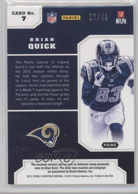2012 Totally Certified Prime /49 Brian Quick #7 Rookie Auto RC - Image 2 of 2