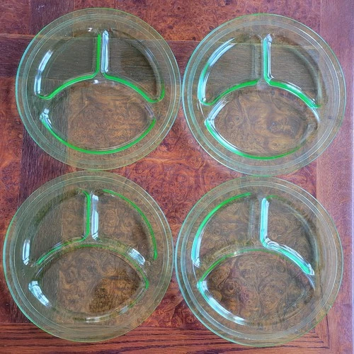 4 LE Smith Uranium Glass Homestead Grill Plates 10" Depression Glass 1927-1931