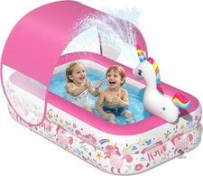 Unicorn Kiddie Pool with Canopy and Sprinkler, Inflatable Baby Pool with Soft
