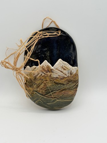 Vintage Mountains Blue Sky Nature Studio Pottery Wall Pocket Vase 8" Signed JH