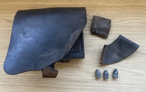 Original Civil War Relic .58 Rifled Musket Leather Cartridge Box - L. S. Baker