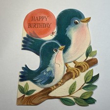 Vintage Hallmark Die Cut Birthday Card Bluebirds Felt Details USA Made