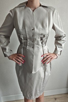 Vintage Thierry Mugler Korsett Gürtel Rock Anzug Beige Hellbraun FR 42 US 10 Archiv