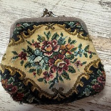 VTG MINI 1950 PETITE BLACK ROSE FLORAL TAPESTRY COIN PURSE SILVER-TONE KISS LOCK